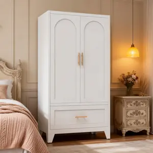 Aobtkel 60" Tall Metal Wardrobe Cabinet with 1 Drawer and Hanging Rod, 2 Doors Wardrobe Closet with Shelf for Bedroom, Office, Laundry Room,Entryway ,Foyer,Guesthouse (White)    RR