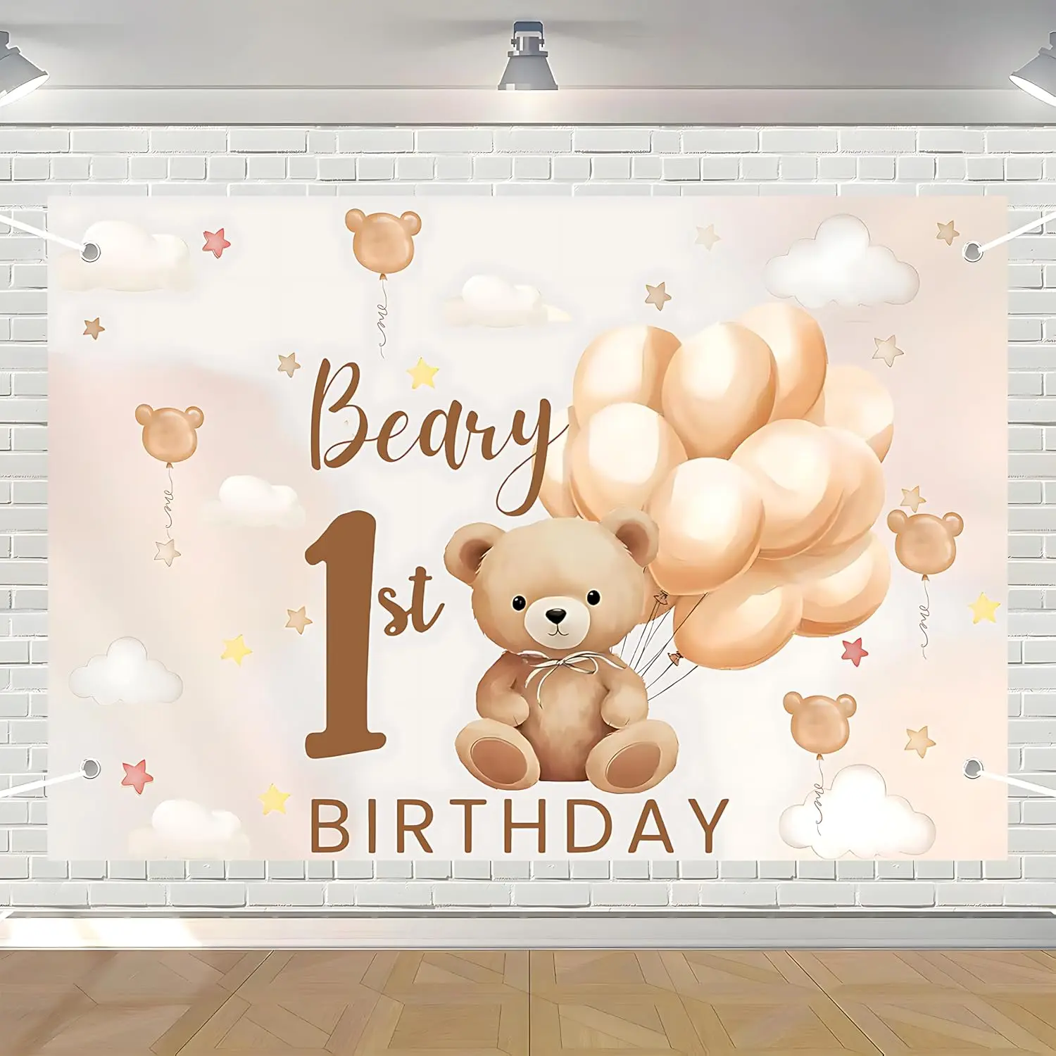 First Birthday Backdrop Teddy Bear Birthday Banner Decorations 5*3ft |   Teddy bear theme ideal for 1st birthday party Great as photo backdrop & wall decor. Durable polyester, easy to hang and store