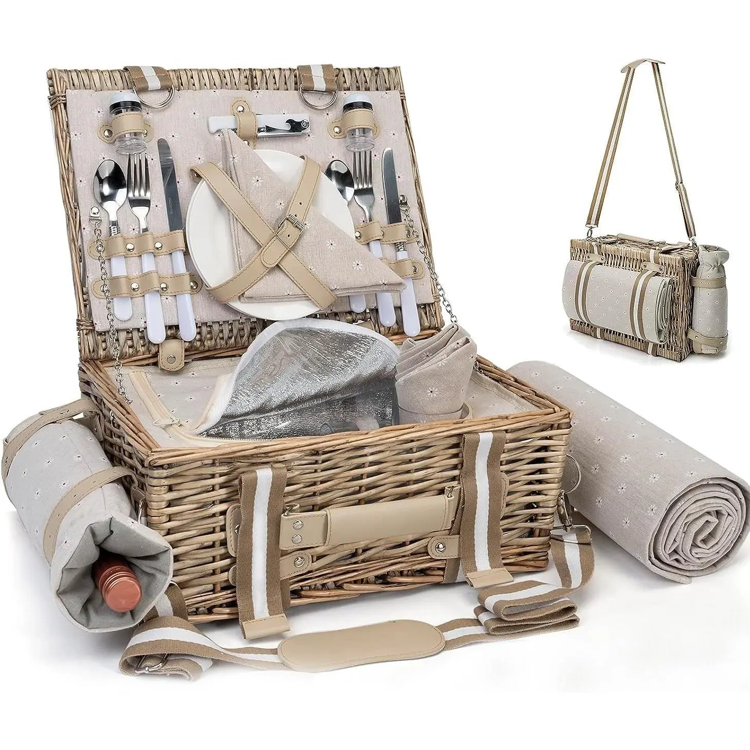 19Pcs Picnic Basket for 2 with Insulated Liner and Waterproof Picnic Blanket Wine Pouch, Large Wicker Picnic Hamper for Camping,Outdoor,Valentine Christmas for Couples