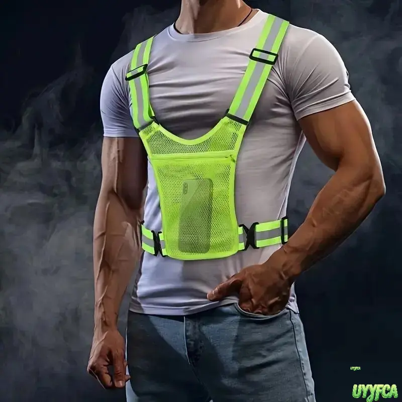 1 Pc Adjustable Cross Strap Reflective Running Vest With Zipper Mesh Storage Pocket, High Visibility Fluorescent Breathable Elastic Safety Harness, Lightweight Universal Fit Reflective Gear For Night Jogging Cycling Walking Road Construction Outdoor summe