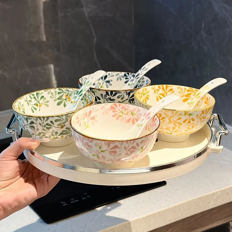 4.4 Inch Ceramic Dinner Bowl Set 4-Piece Floral Pattern for Pasta Salad Dessert Soup Dishwasher Safe Oven Microwave Safe High Value Tableware Sets
