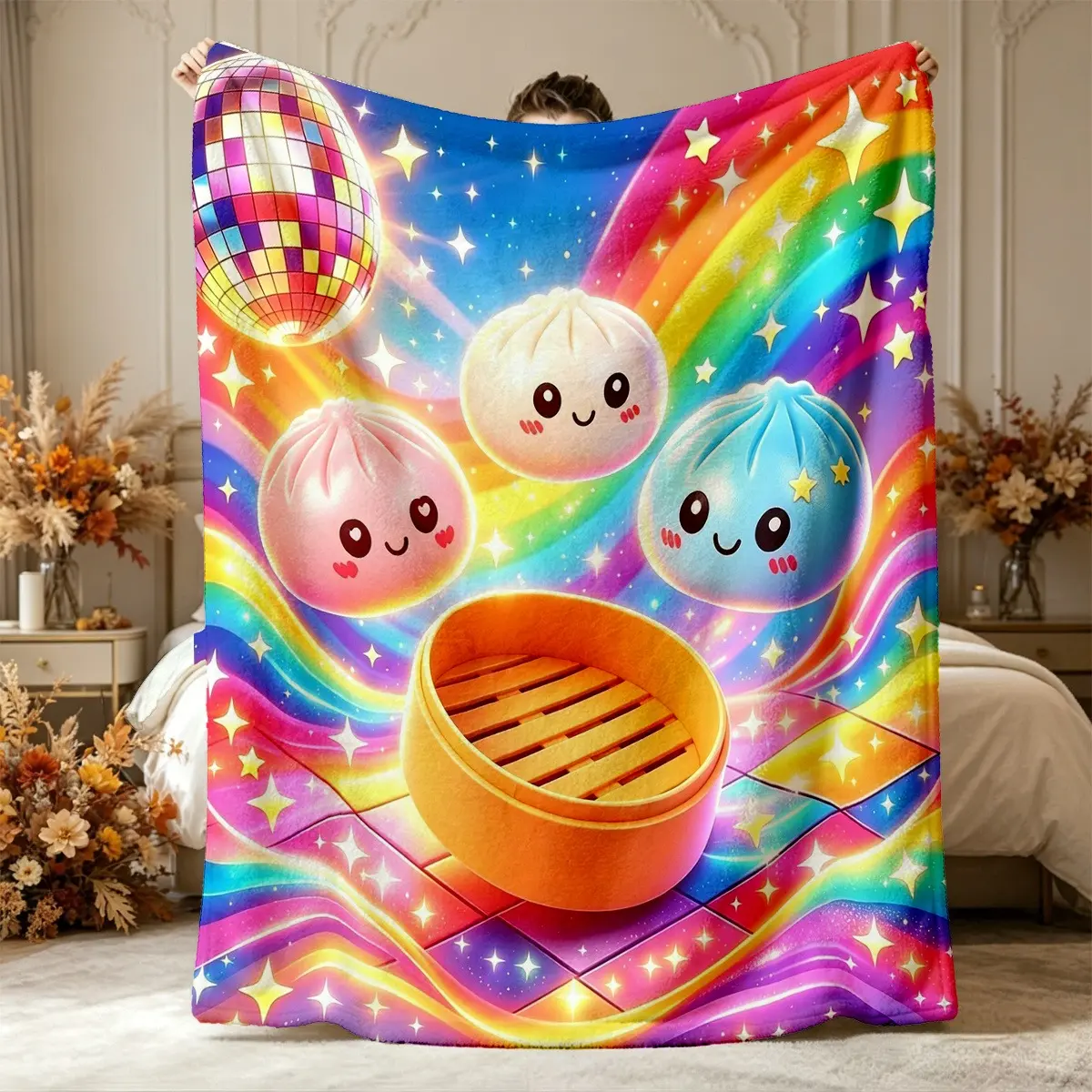 1PC Rainbow Disco Cute Dumpling Bun Flannel Blanket, Kawaii Baozi Bamboo Steamer Star Print Soft Throw Blanket, Fun Food Lover Nap Cover For Sofa Office, All Season Vibrant Dopamine Aesthetic Decor Bed Throw