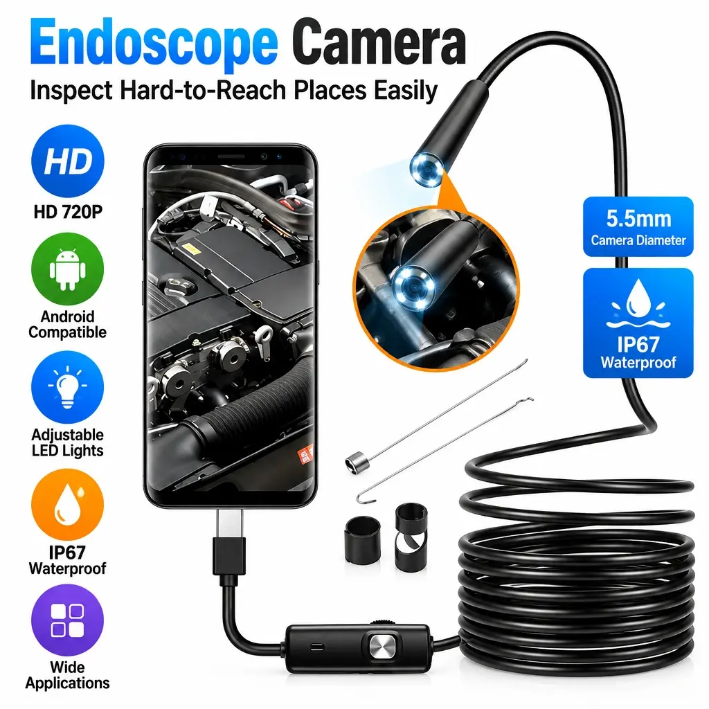 Semi‑Rigid 5.5mm Borescope Endoscope Camera, Waterproof USB Inspection Probe Compatible with Type‑C Micro USB Android Phone PC for Pipe Sewer Car Check