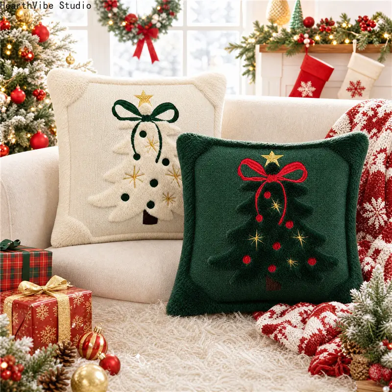 Christmas Tree Embroidered Knit Tufted Throw Pillow Covers - Soft Warm Fleece Cushion Cases for Camping Hammocks, Holiday Theme Sofa Bedroom Decor, New Year Gift
