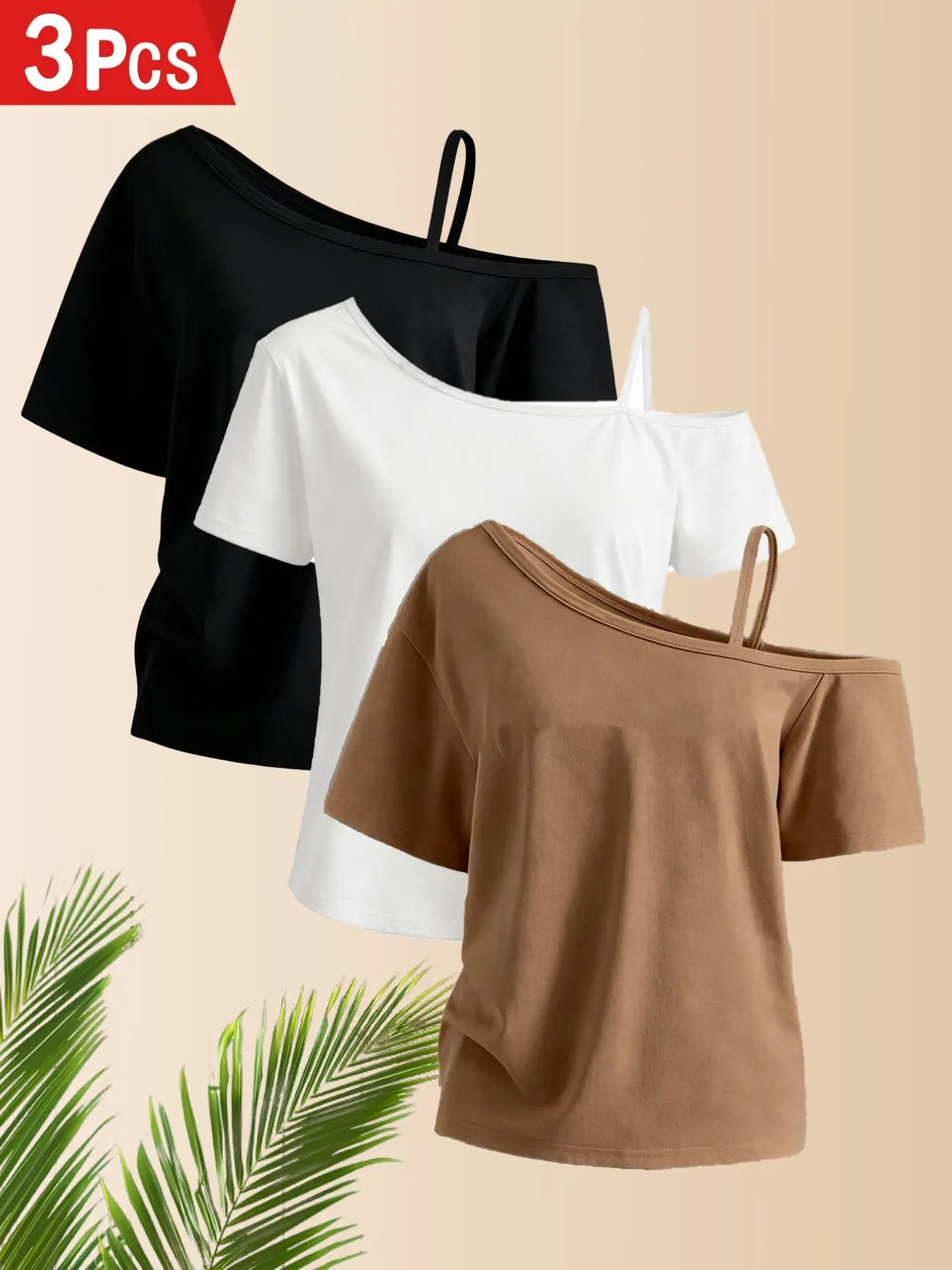3-Pack Asymmetrical Neck Halter Top Women's Lightweight Short Sleeve T-Shirts, Fashion Casual Wear, Spring Summer Daily