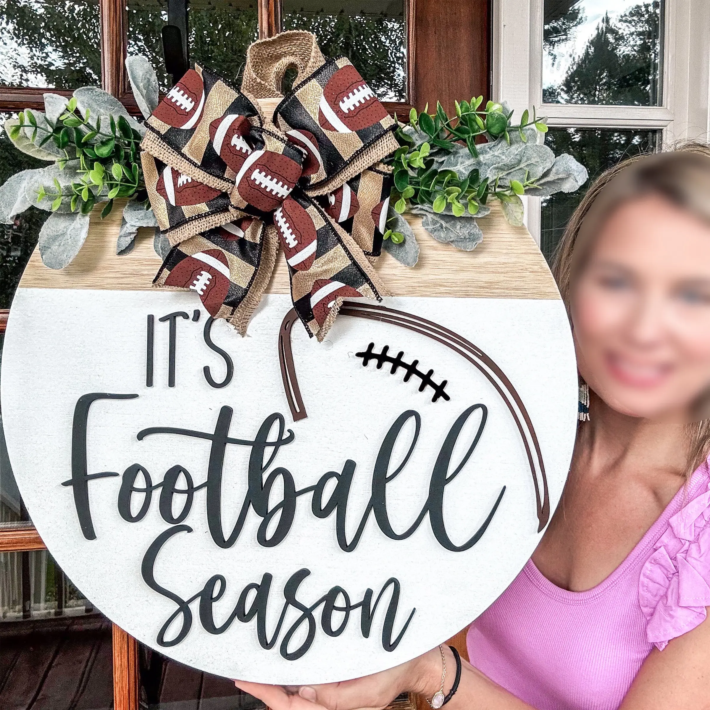 Football Door Hanger, Wooden Football Season Door Decor, Football Family Front Door Decoration, Football Wreath for Football Fans, Seasonal Accent