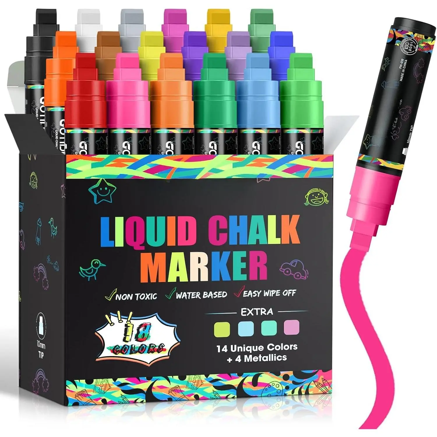 Washable Window & Chalk Markers, 18 Colors (Including Metallic & Neon Colors), 10mm Thick Tip, High Pigment, Fade Resistant, Bold Lines, for Glass, Auto, Mirror | Office Stationery Writing Tool