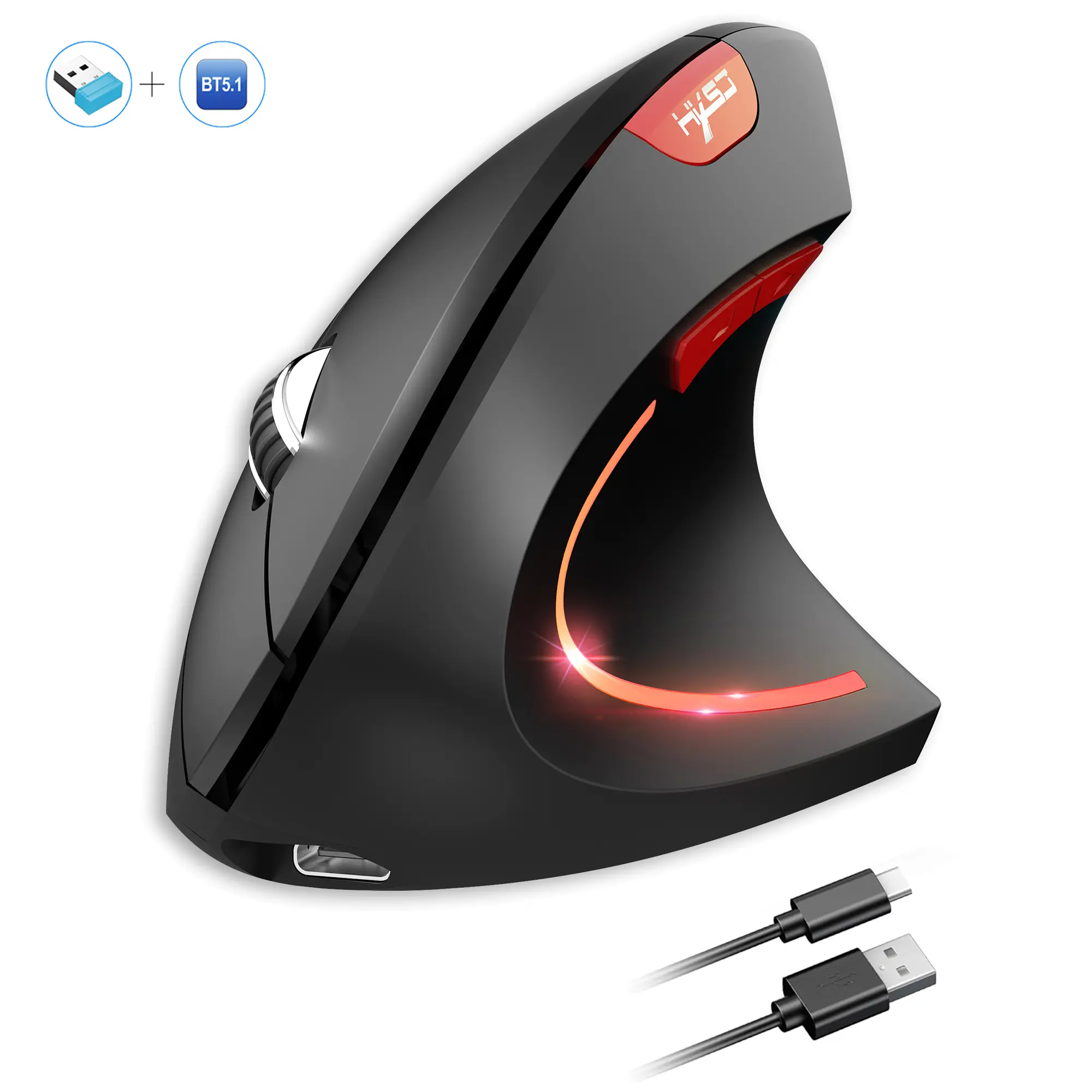 New Arrival Dual Mode Vertical Mouse Ergonomic ABS 600mAh Rechargeable 2400DPI Type-C Interface Wireless Mouse for PC rgb