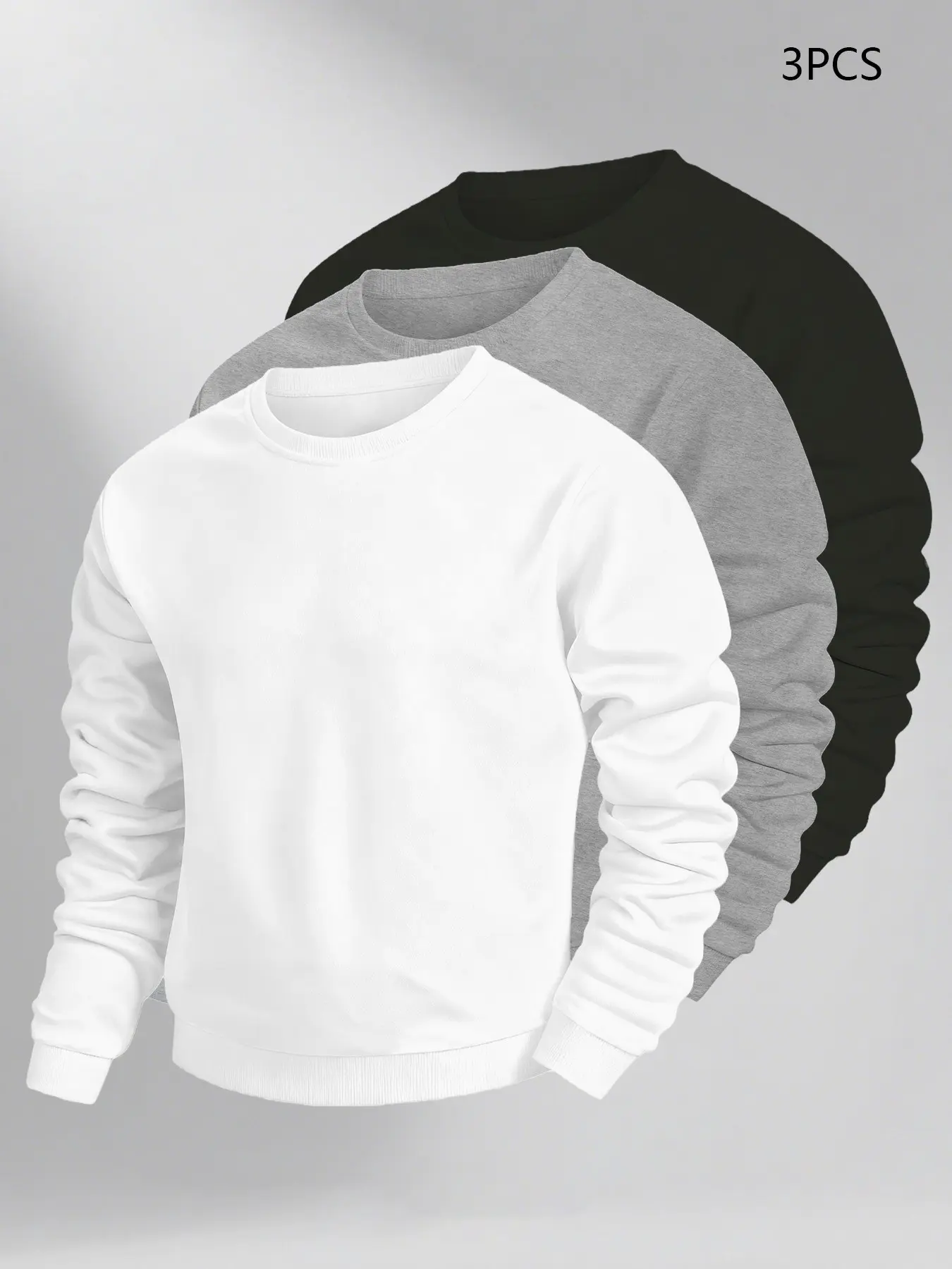 Men's 3-Pack Plain Round Neck Classic Sweatshirts, Slim-Fitting Casual Long Sleeve Tops, Winter Basic Fashion Apparel
