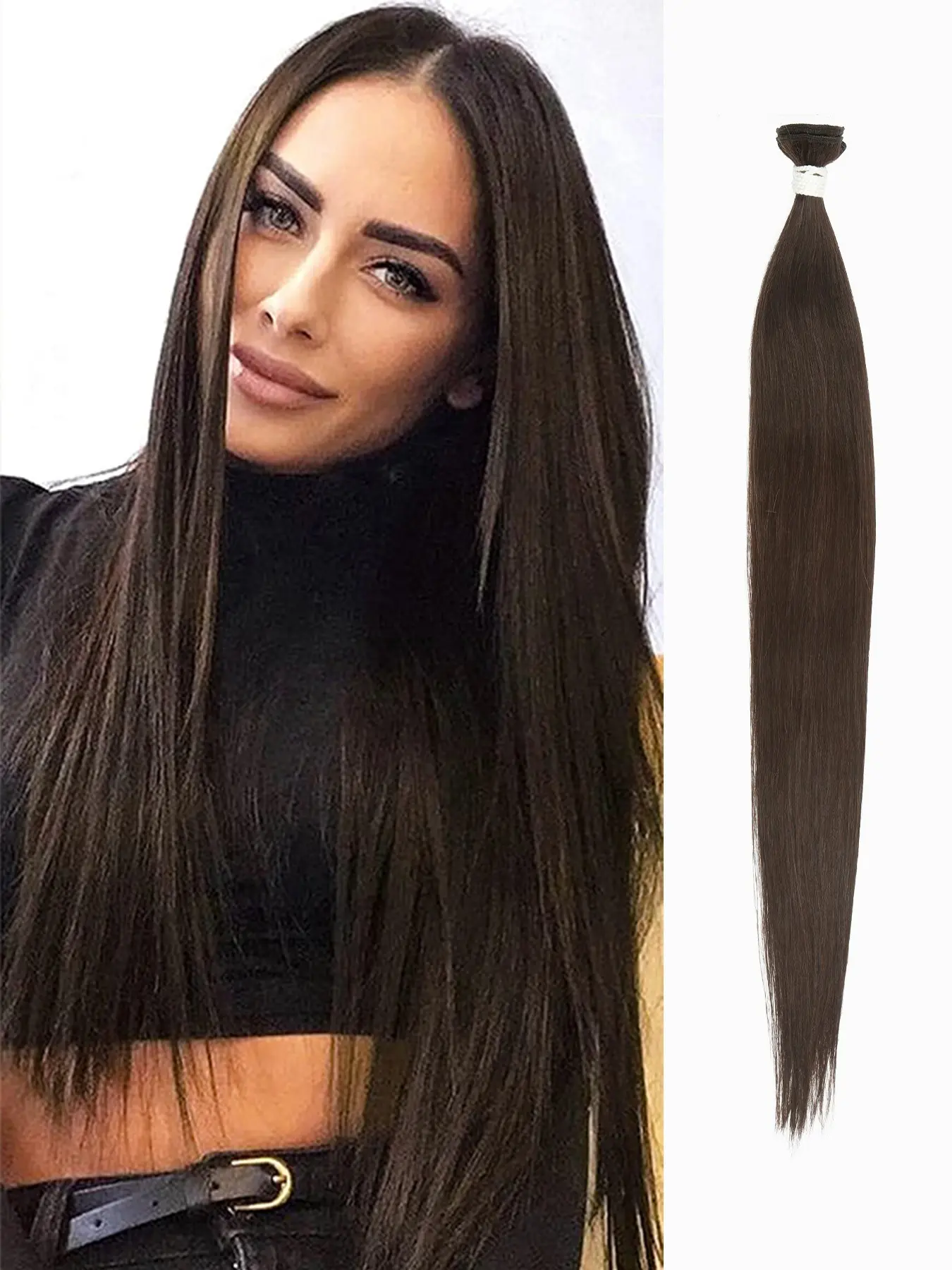 Single-piece hair weft extension, 24-inch straight synthetic high-temperature fiber, Synthetic hair extensions; available in various colors including dark brown and beige-brown; suitable for daily wear, holidays, carnivals, and parties.