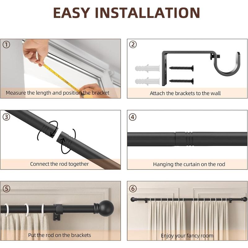 Black Curtain Rods for Window 28 to 48, 5/8 inch Small Decorative Curtain Rod Set with Brackets