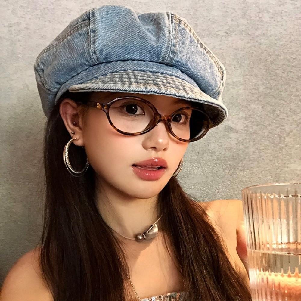 Fashion Vintage Washed Denim Beret Cloud Newsboy Octagonal Cap Visor Artist Peaked Hat Women