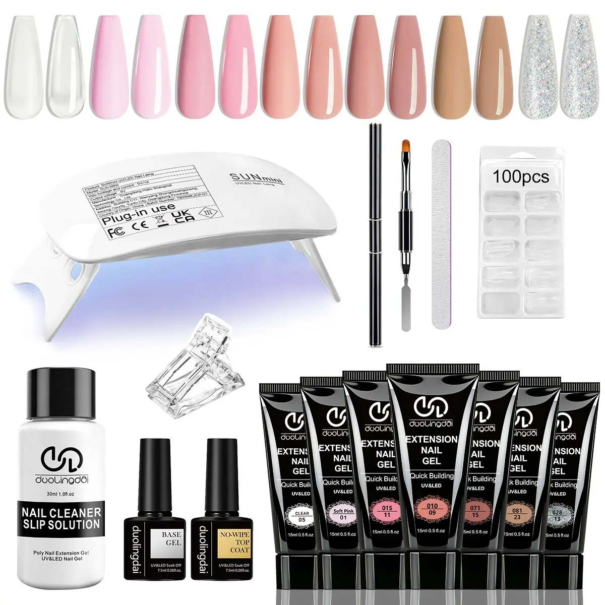 Professional Poly Extension Nail Gel Kit, 15pcs/set Nail Gel Set with Mini Nail Lamp & Nail File, Nail Art Kit for Nail Art Beginners, Christmas Gift, Manicure, Polygel Nail Kits, Nails Kit Set