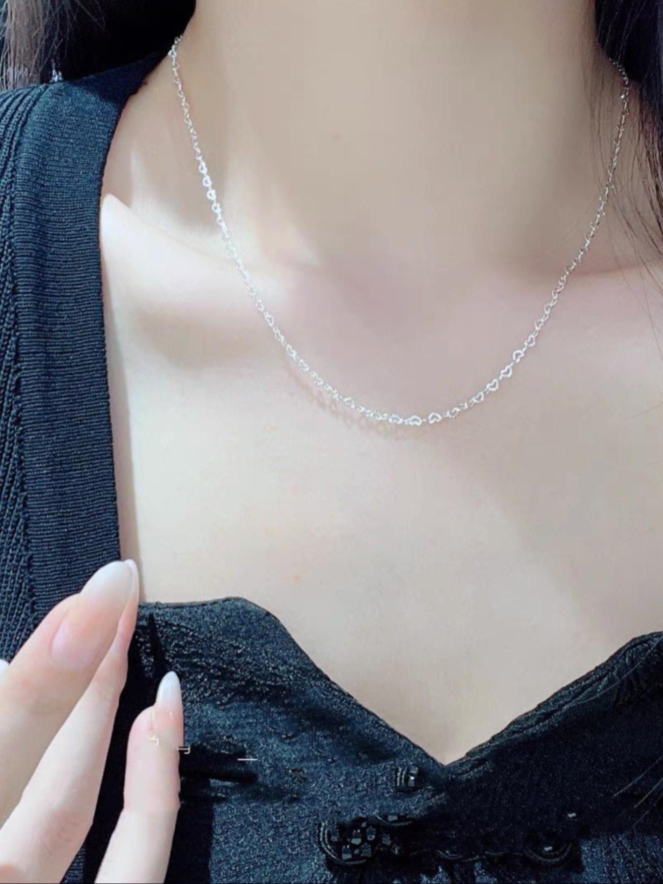 S999 Sterling Silver Heart Design Chain Necklace, Gifts for Her, Fashion Jewelry for Party, Daily Clothing Decor, Trendy All-match & Exquisite Jewelry for Birthday Gift