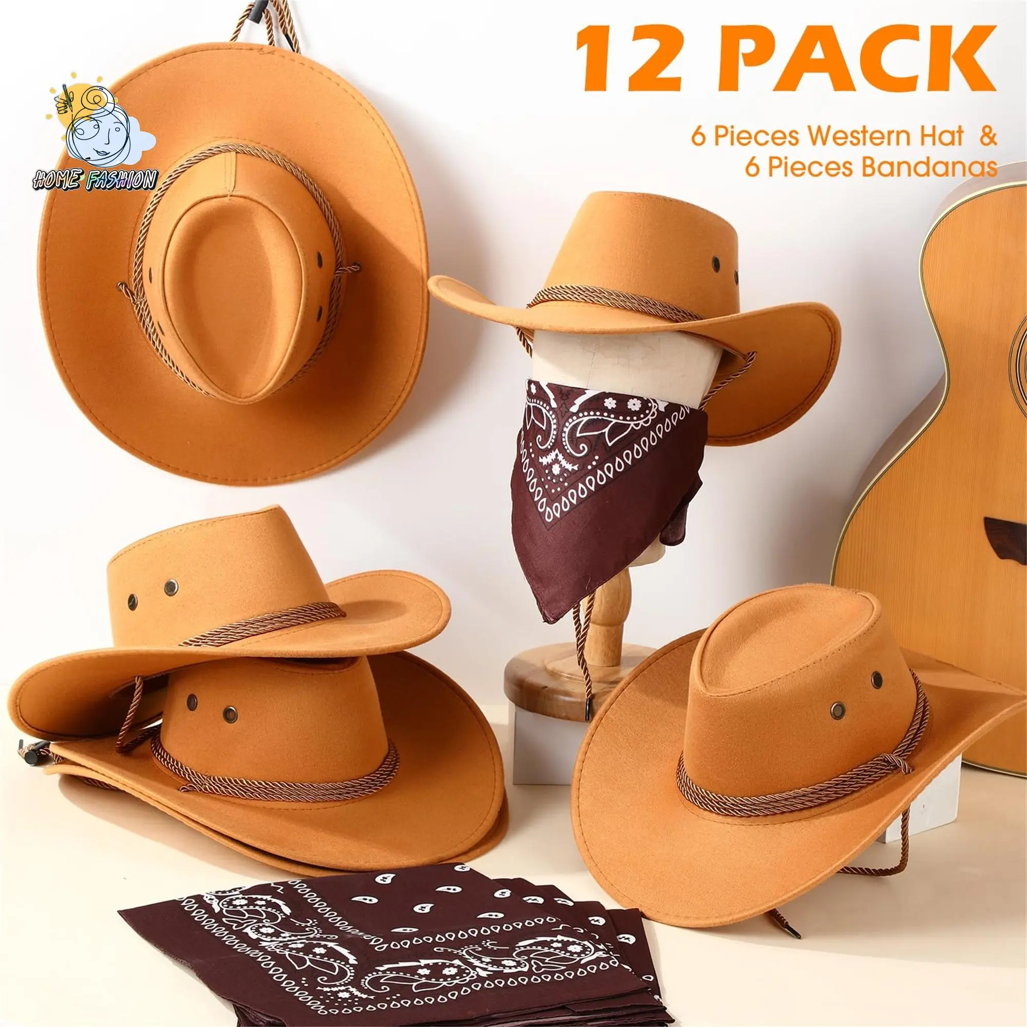 Women's & Men's Cowboy Hat Set, Soft Roll-up Wide Brim Western Hat with Neckerchief, Festive Party Photo Booth Props