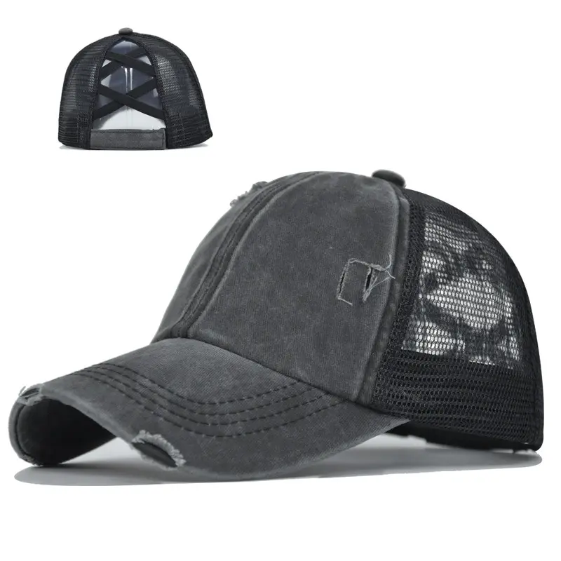 Solid Distressed Trucker Hats for Women, Washed Cotton Mesh Cap with Criss Cross Back for High Ponytails, Adjustable Female Accessories, Accessories For Women, Trucker Hats Women