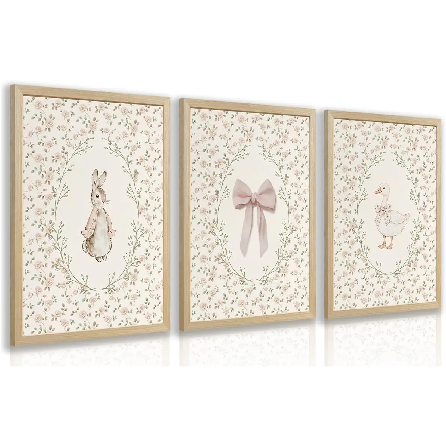 Baby Girl Nursery Wall Art Set of 3, Pink Bow Rabbit Goose Canvas Prints, Cute Floral Nursery Decor, Vintage Neutral Animal Artwork for Girls Room Kids Bedroom Wood Framed 12x16 Inch