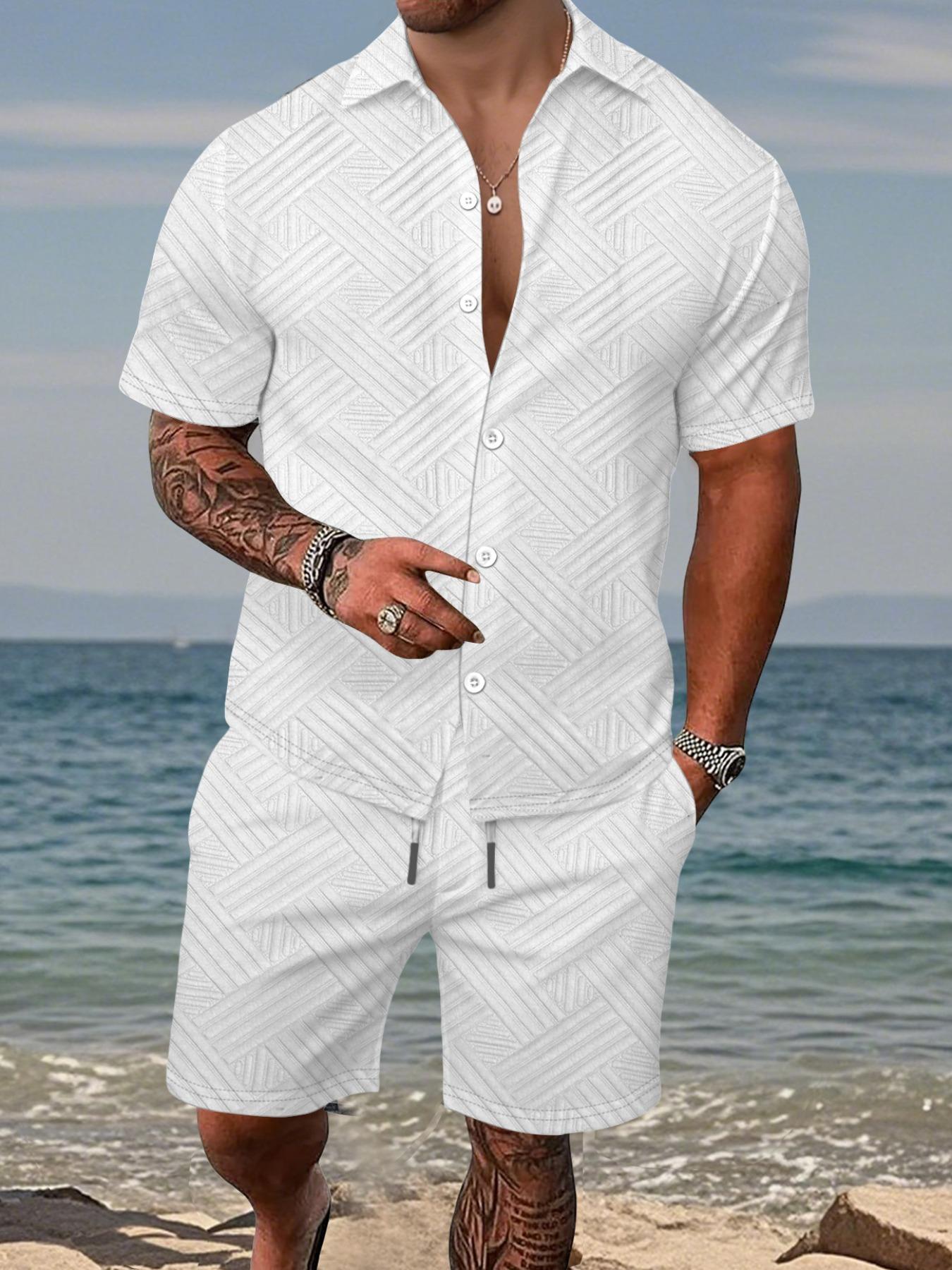 Men's 2-piece set:a short-sleeve button-up shirt paired with drawstring shorts. This summer outfit features a casual, Tropical textured diagonal stripe pattern, perfect for beach getaways, vacations, casual outings, and more—a men's stripe set.