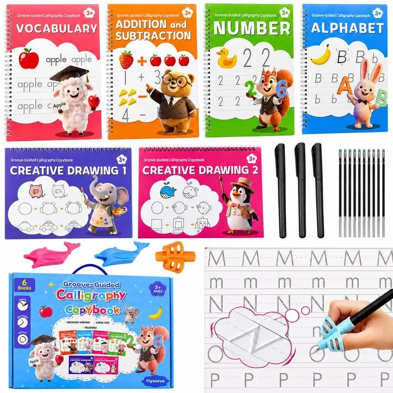 6pcs Groove-Guided Calligraphy Copybook for Kids , Reusable Magic Writing Practice Book with Disappearing Ink, Tracing & Drawing Templates, Includes Pen & Grip, Educational Gift for Preschool Boys & Girls