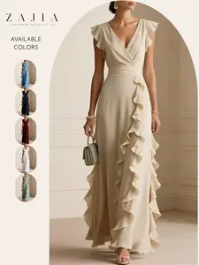 Women’s Elegant Maxi Dress, V Neck Ruffle Dress, Flutter Sleeve Wrap, Formal Long Dress, Wedding Guest Evening Party Gown, Elegance
