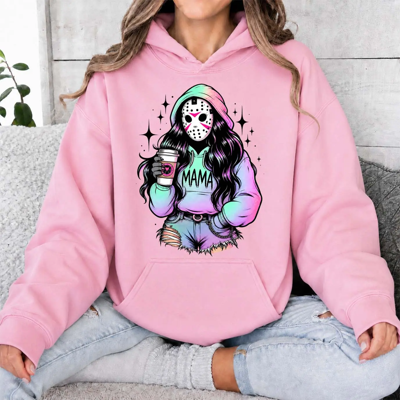 Women’s Halloween Masked Mama Graphic Hoodie, Spooky Coffee Lover Pullover Sweatshirt, Colorful Retro Horror Style Long Sleeve Top with Front Pocket, Cozy Fall Hoodie for Moms, Halloween Parties & Weekend Wear
