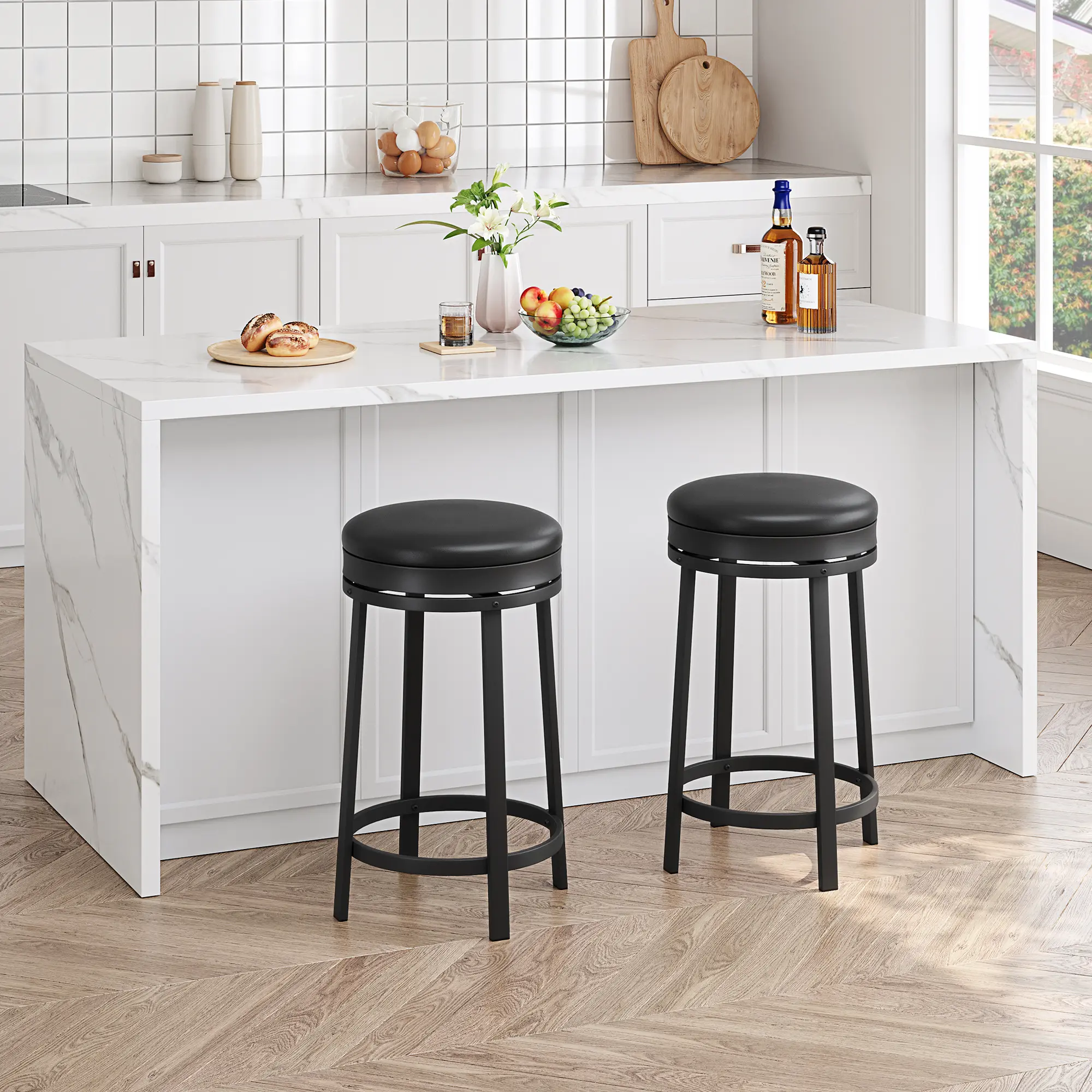 Swivel Bar Stools Set of 2 - 24'' Counter Height, Backless Round Design, PU Leather Cushion, Sturdy Metal Frame, Ideal for Kitchen Island or Home Bar - Brown