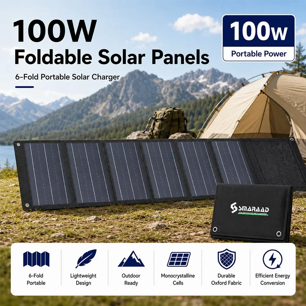Smaraad 100w Solar Folding Panel Kit, Portable Outdoor Solar Charger with USB Interface, Includes Carabiners