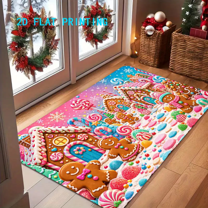 Flannel Floor Mat 1pc, 2D flat printing, Christmas Gingerbread House Candyland floor mat, colorful and non-slip, machine washable carpet, suitable for home decoration, entryway, hall, bathroom, and balcony