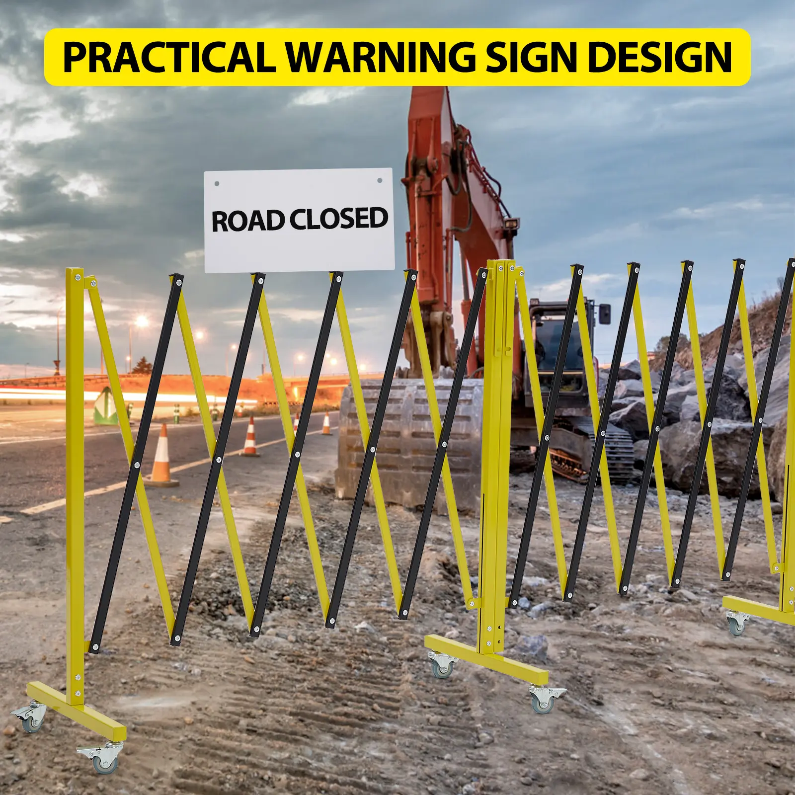Expandable Rotatable Mobile Traffic Barrier, Telescopic Scissor Style Security Fence with Silent Anti-Tip Casters, Heavy-Duty Retractable Road Barricade for Warehouse, Road Maintenance & Crowd Isolation
