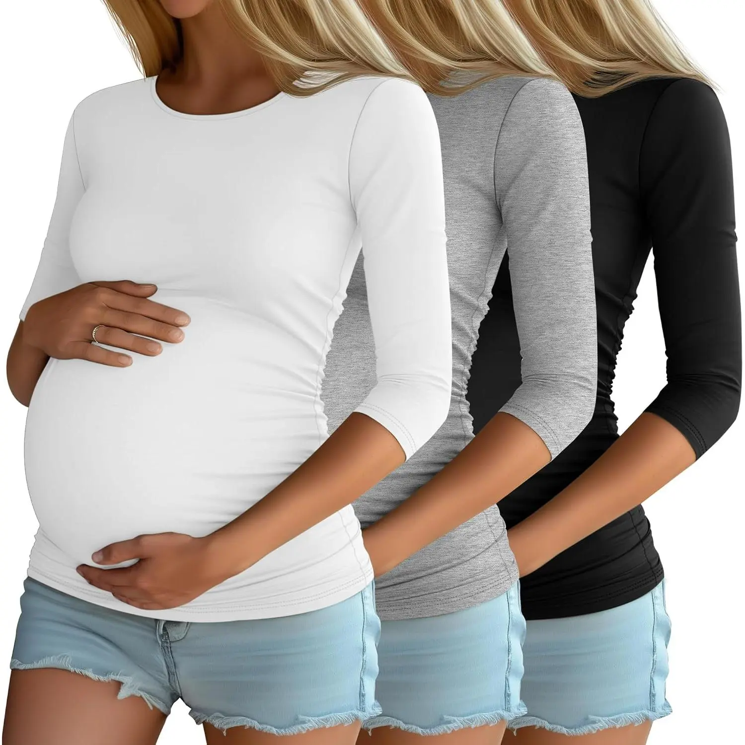 3 Pack Women's Maternity Shirts, 3/4 Sleeve Crew   Tee Tops Side Ruched Casual Tunic  T Shirts