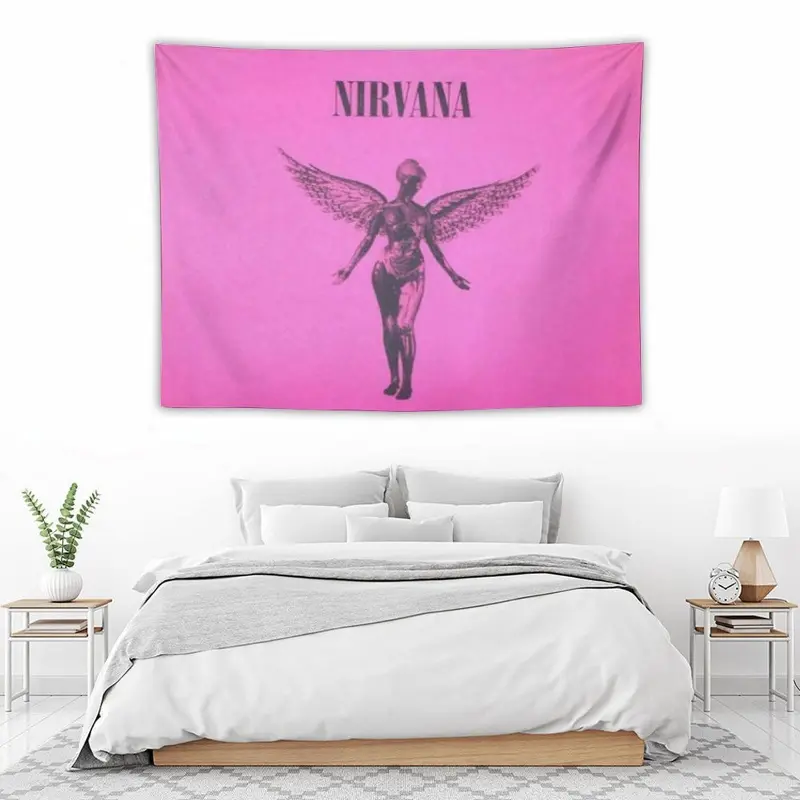 Nir-vana Pink In Utero Angel Wall Tapestry for Adult Fans, Mid-century Modern Black Flash Art, Y2K Y3K Aesthetic Room Decor, 1980s Retro Cinematic Bedroom Flag for Grunge E-girls Teens Gen Z