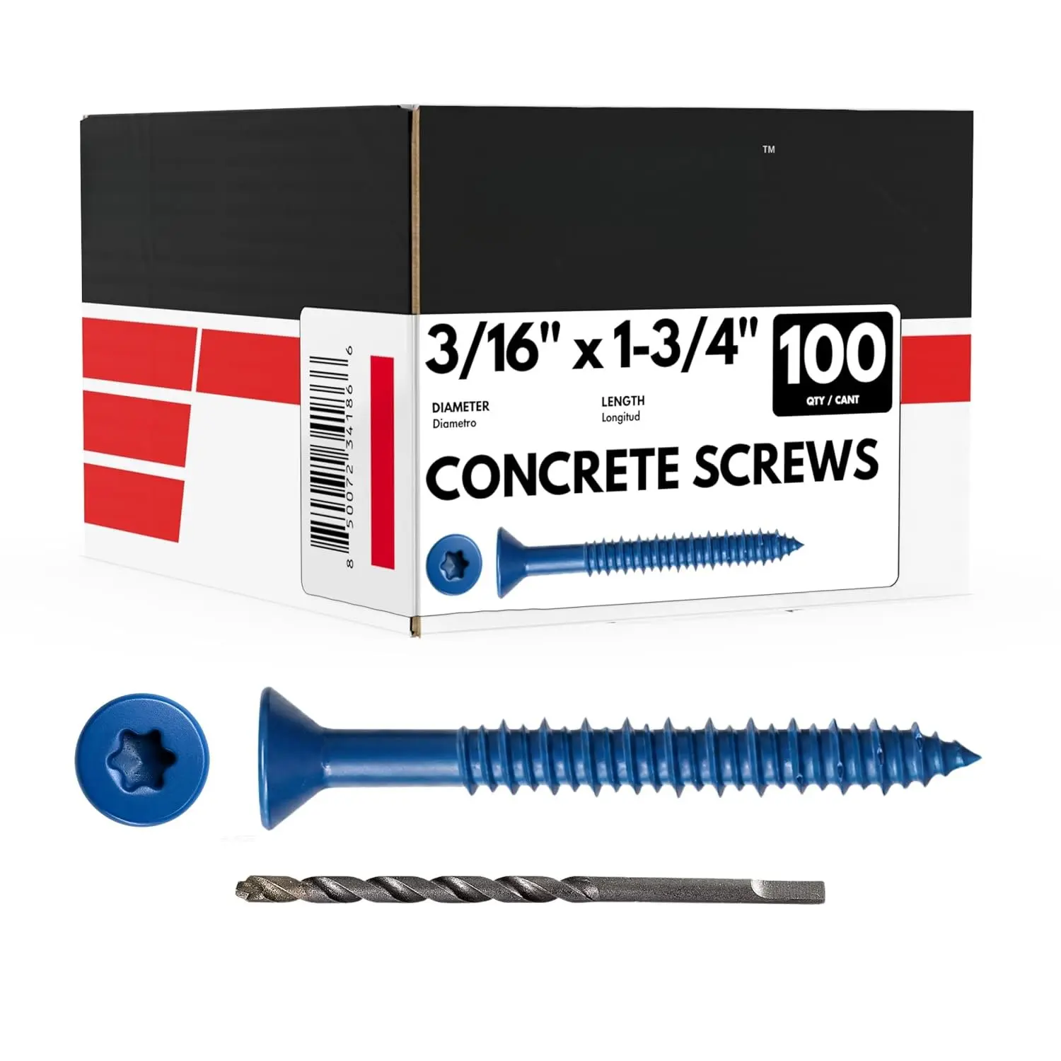3/16" x /4" Flat  Blue Concrete Screws with Drill Bit (Box of 100) | 3/16 Concrete Screws |  Torx Drive Masonry Screws for Concrete, Block, Brick and Stucco Masonry