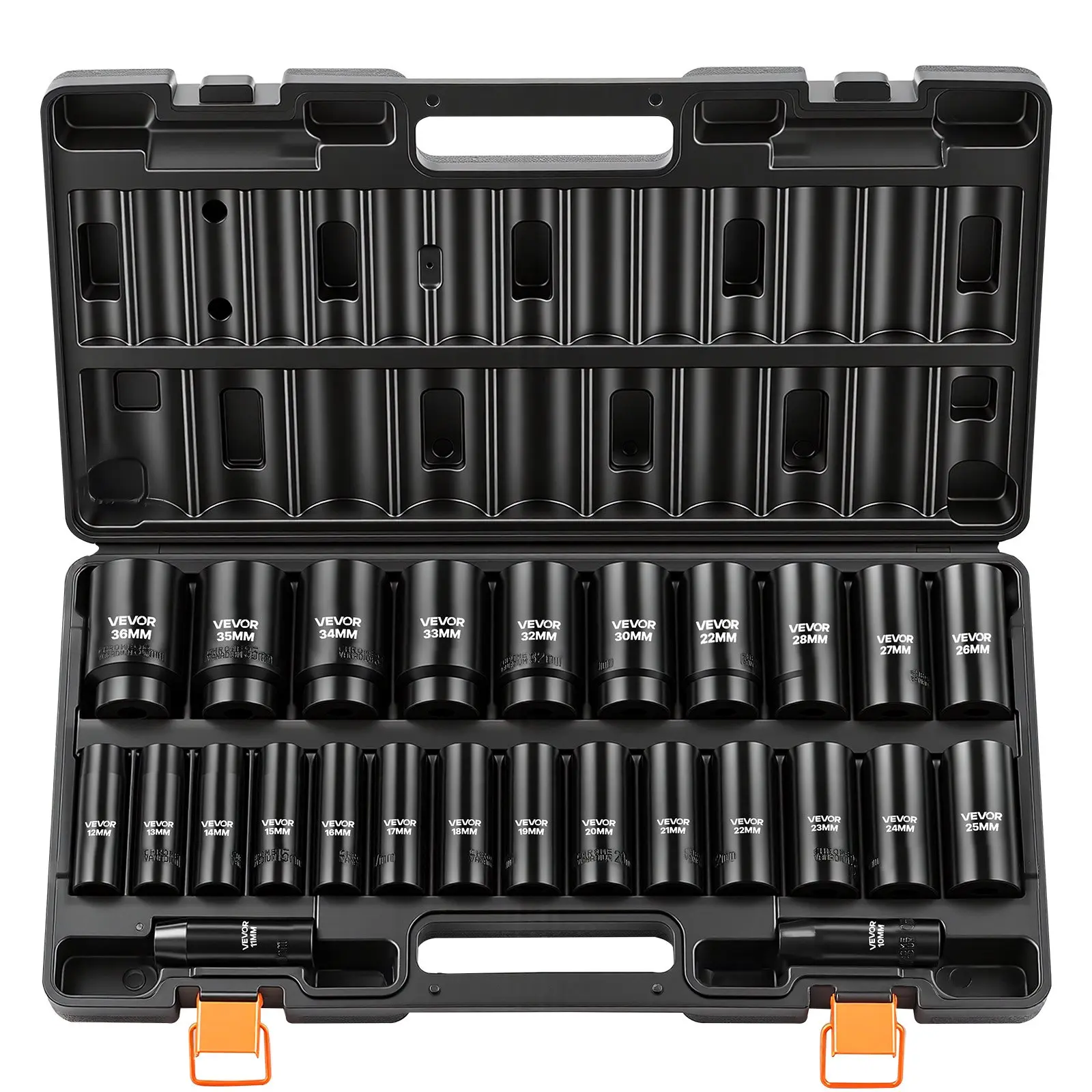 VEVOR Impact Socket Set, 1/2" Drive, 26-Piece Impact Sockets, 6-Point Sockets, Metric 10-30 mm, 32-36 mm, Easy to Identify, with a Sturdy Storage Case, Cr-V Alloy Steel Structure, for Vehicles Repair