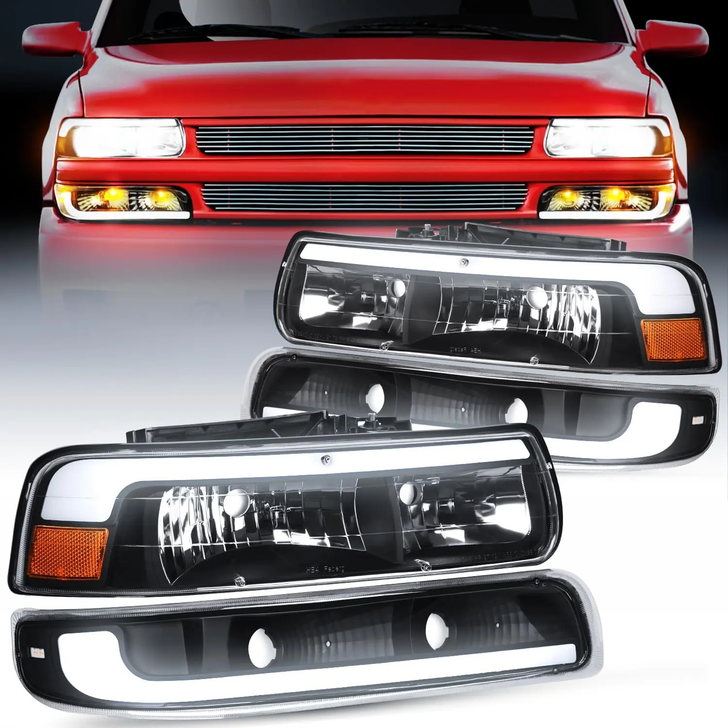 Nilight LED DRL Headlight Assembly Set-Pair for 1999-2002 Chevy Silverado 1500/1500HD/2500/2500HD/3500, Chevrolet Tahoe/Suburban, LED Upgrade, Clean Lens, Black Housing, Amber Bumper Lights, IP65 Rated, UV Resistant, Plug-N-Play, Waterproof Car Lighting