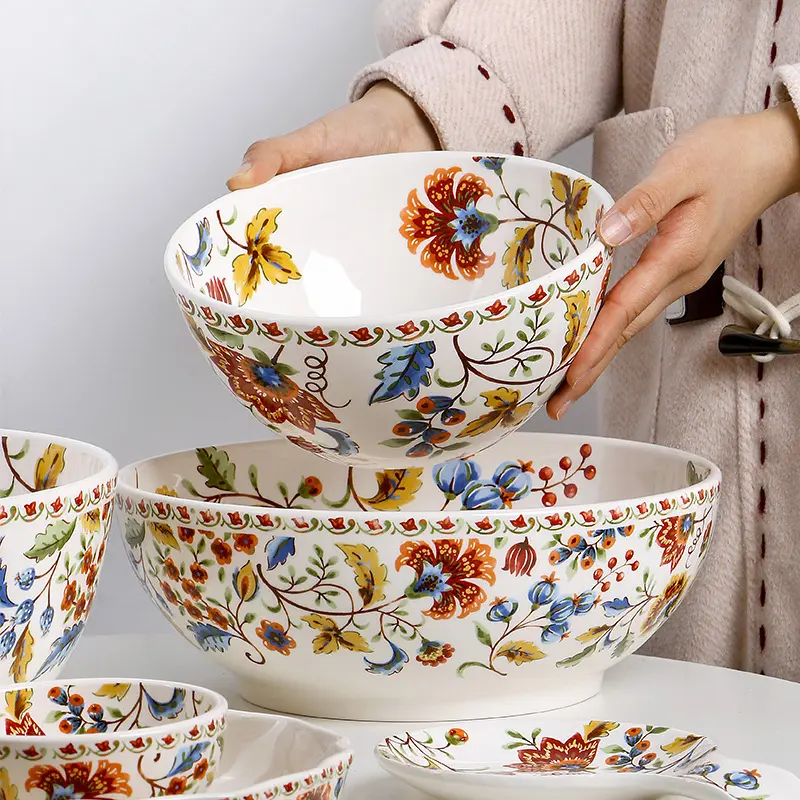 Oumeike French Salad Bowl Round Home Soup Bowl Creative Large Mixing Bowl Fruit Bowl Fresh and Simple Bowl