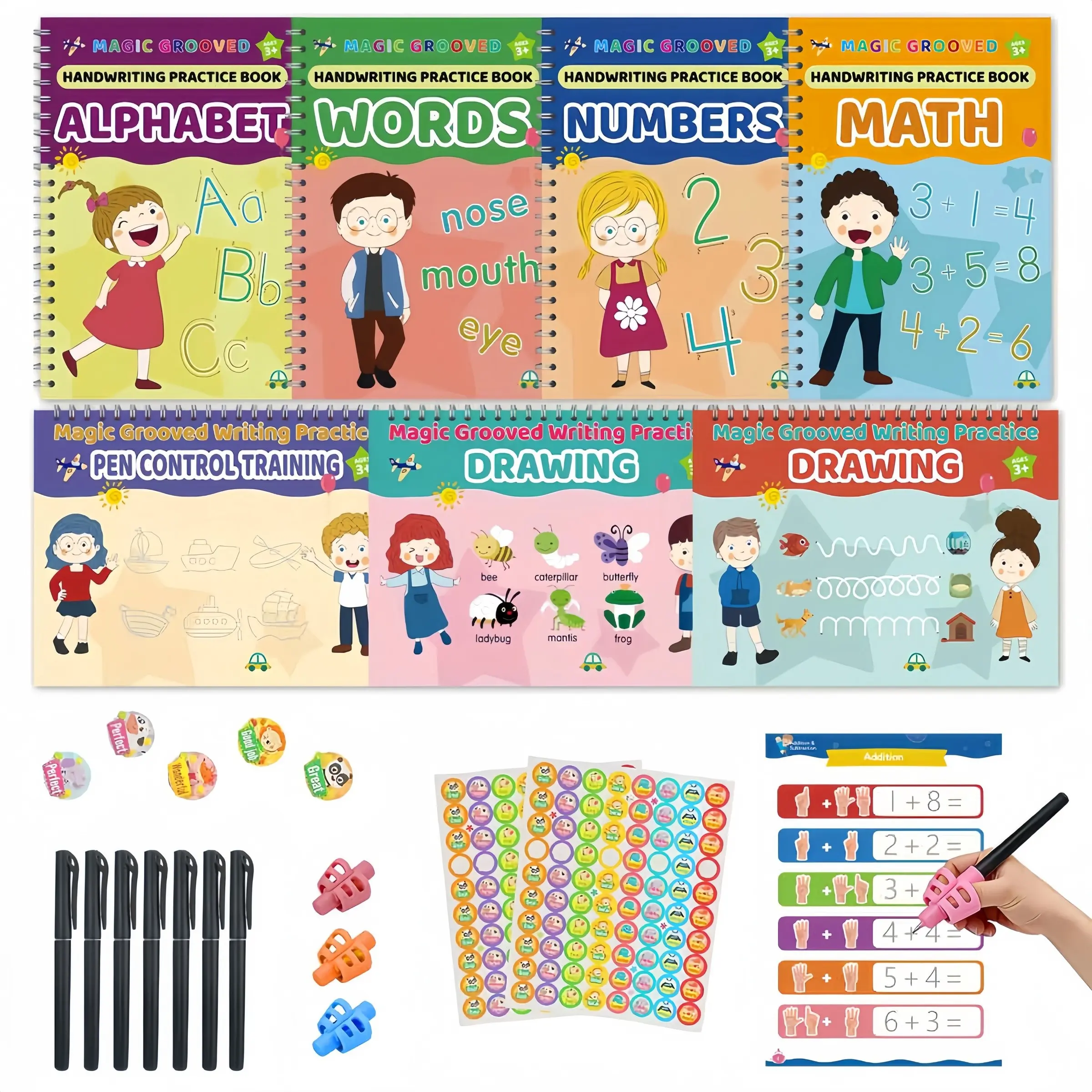 Magic Groove Writing Practice Set, Includes 7 Large Reusable Workbooks, 7 Vanishing Ink Pens, 3 High-Quality Pencil Grips, Best Gift for Kids