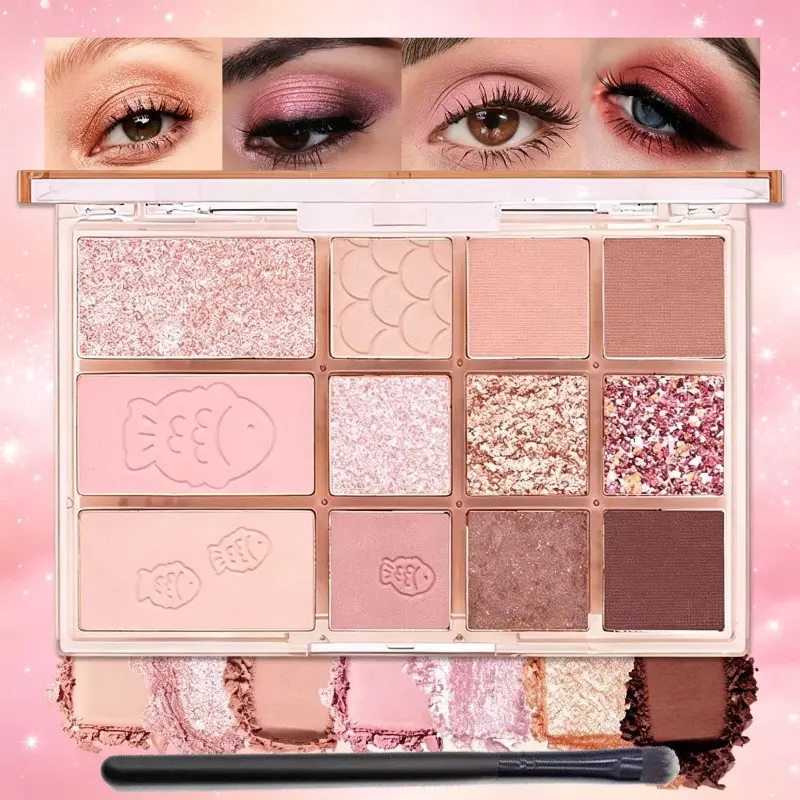 DIKALU 12 Colors Nude Rose Eyeshadow Palette with Free Brush, Matte & Shimmer Dual Finish, Shimmer Matte Eyeshadows, Grey Pink Brown Tone Korean Clear Daily Eye Makeup, Eye Shadow Palettes