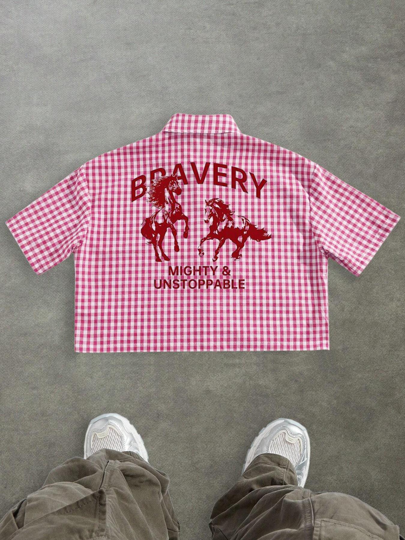 Men's Regular Fit Horse & Letter Print Short Sleeve Shirt, Casual Retro Gingham Shirt for Daily Wear, Fashion Aesthetic Men's Top for Summer