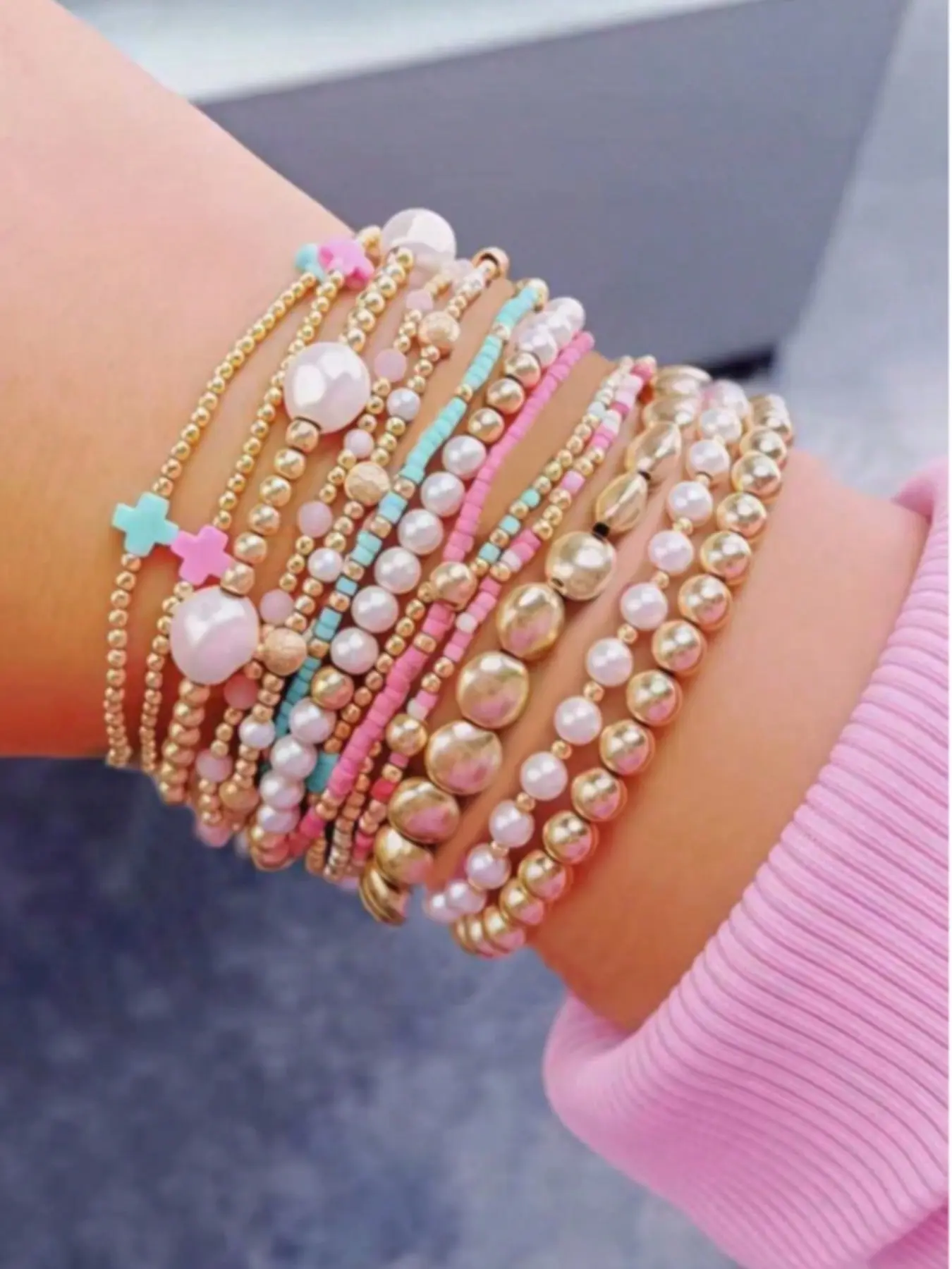 13Pcs Boho Stackable Bracelet Set for Women, Handmade Faux Pearl & Gold Plated Beaded Stretch Bracelets with Colorful Cross, Dainty Layering Jewelry for Fall Winter Outfit, Thanksgiving Christmas Gift, Stacked Design Bracelets