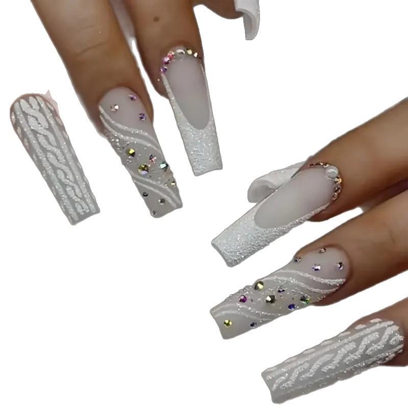Hot-Selling 24-Piece Cross-Border Nail Stickers Collection Bowknot French Long Square Wearable Nail Tips Wholesale