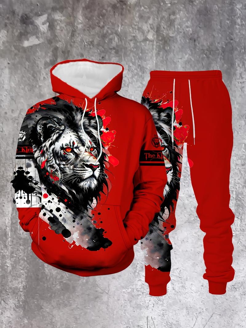 Men's casual 2-piece set, lion ink print hoodie and sweatpants, spring and autumn fashion outfit