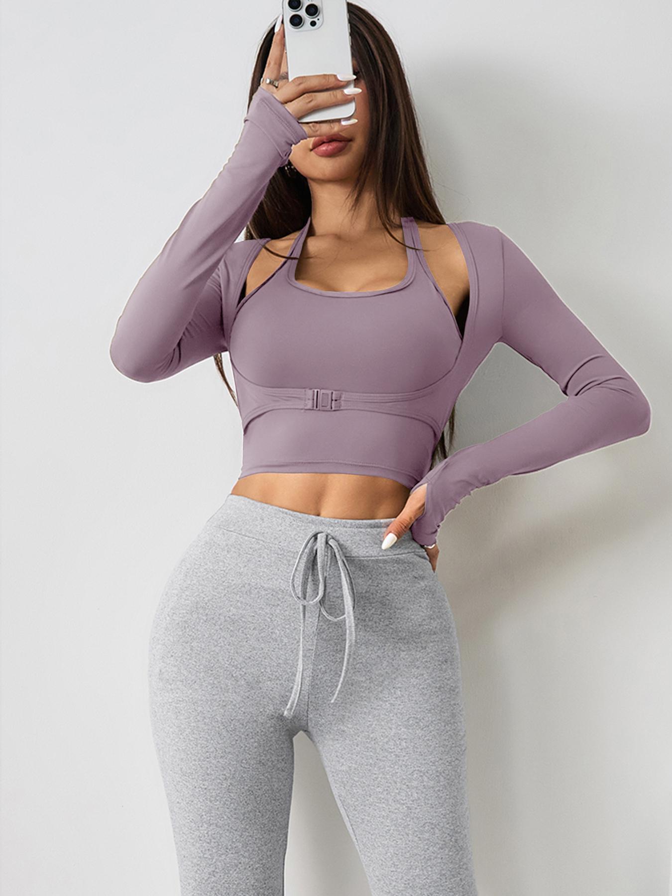 Women's Halter Crop Tank Top & Thumb Hole Sports Tee Set, Sleeveless Top & Buckle Front Sports Top Set, Gym Yoga Exercise Clothing Set for Women