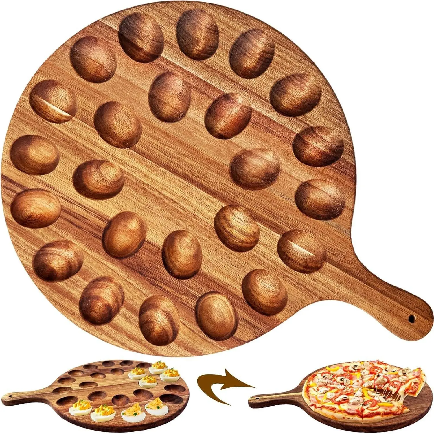 Deviled Egg Platter, Wooden Deviled Egg Tray, Reversible 24 Holes, Round Egg Holder, Charcuterie Board, Serving Tray for Kitchen Countertops, Aesthetic