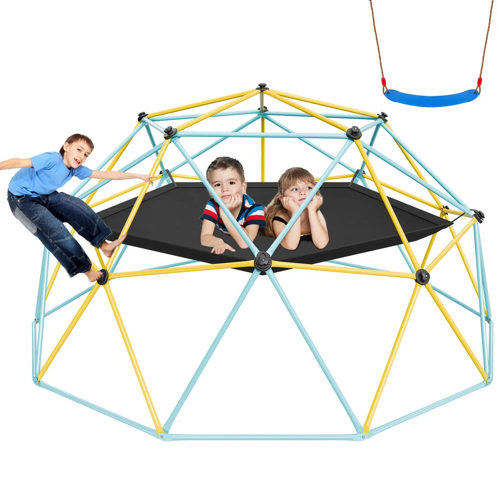 VEVOR 10 ft Geometric Dome Climber for 3-10 Years Old, 120 x 120 x 60 in Outdoor Backyard Jungle Gym with Hammock, Swing, Climbing Grip, 750LBS Capacity, Easy Assembly for Jumping & Swinging