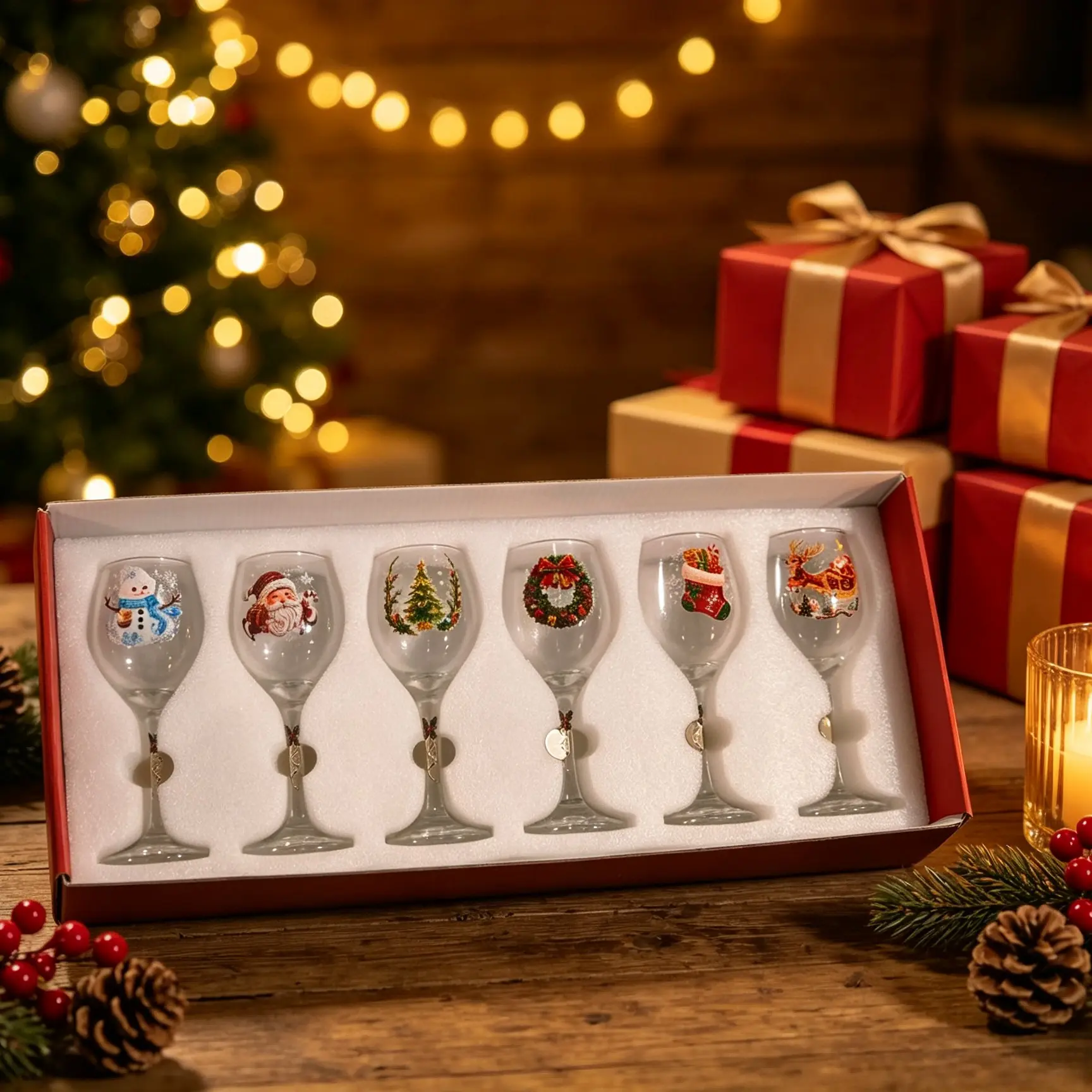 Festive Christmas Wine Glasses Set, Hand-Painted Santa Snowman Wreath Reindeer Pattern, Holly Snowflake Decor, Xmas Gift for Family Friends