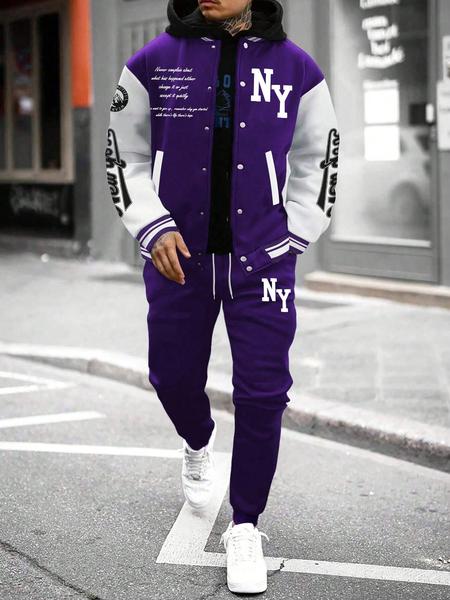 Men's Letter Print Baseball Jacket & Sweatpants Two-Piece Set, Regular Fit Casual Fashion Cozy Breathable Two Piece Outfits for Daily Outdoor Wear, Men Clothes for Fall & Winter