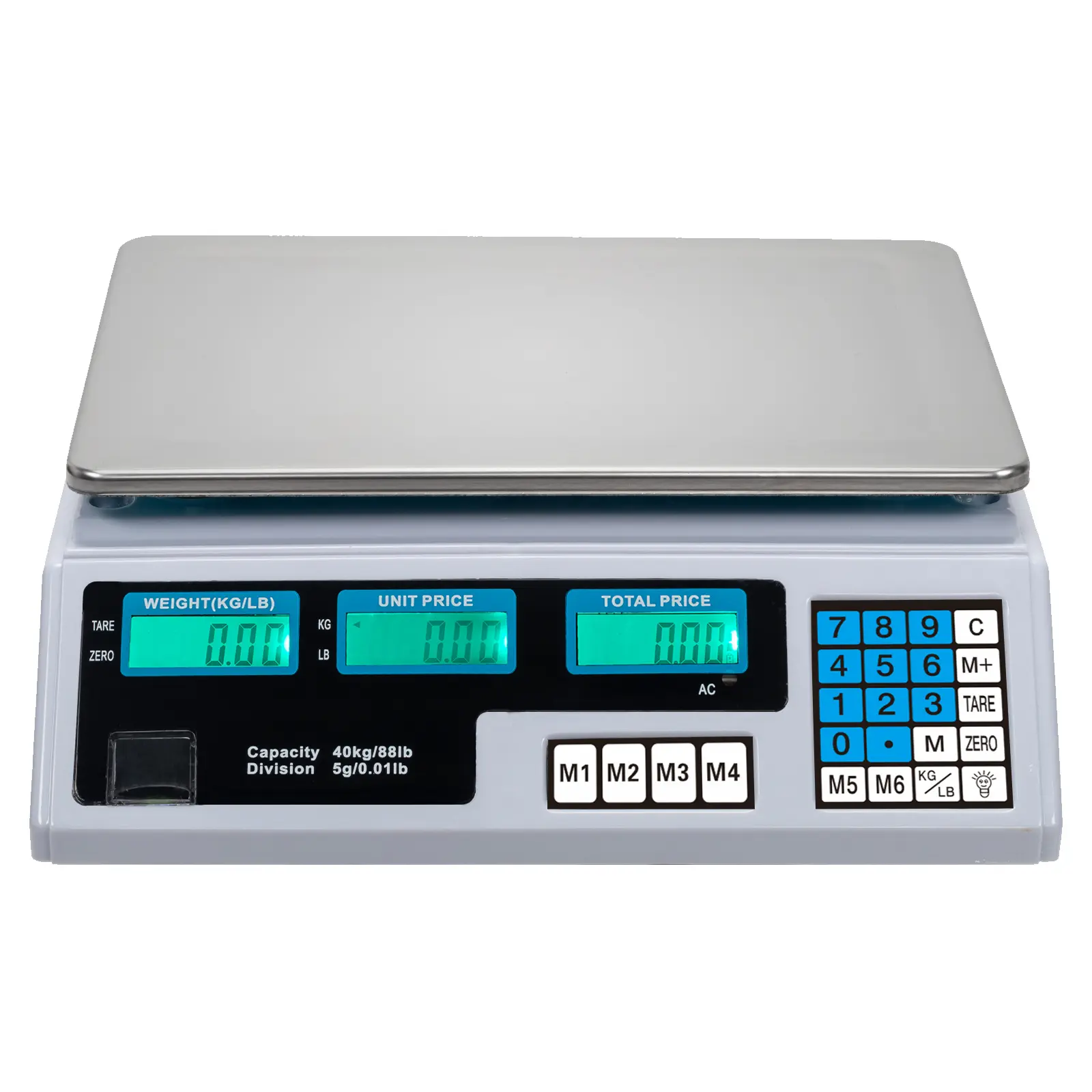 ACS-30 Compact Digital Scale - 40kg/5g Price Computing Scale for Vegetable Retailers, Indoor Use, Weight Display, Silver & White, US Plug