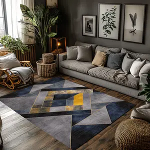 Blue Gray Yellow Gold Line Square Triangle Geometric Crystal Velvet Light Luxury Living Room Anti Slip Area Rug #SquareTriangleGeometricRug #GoldLineLightLuxuryMat #CrystalVelvetCarpet #ModernIndustrialStyleFloorRug