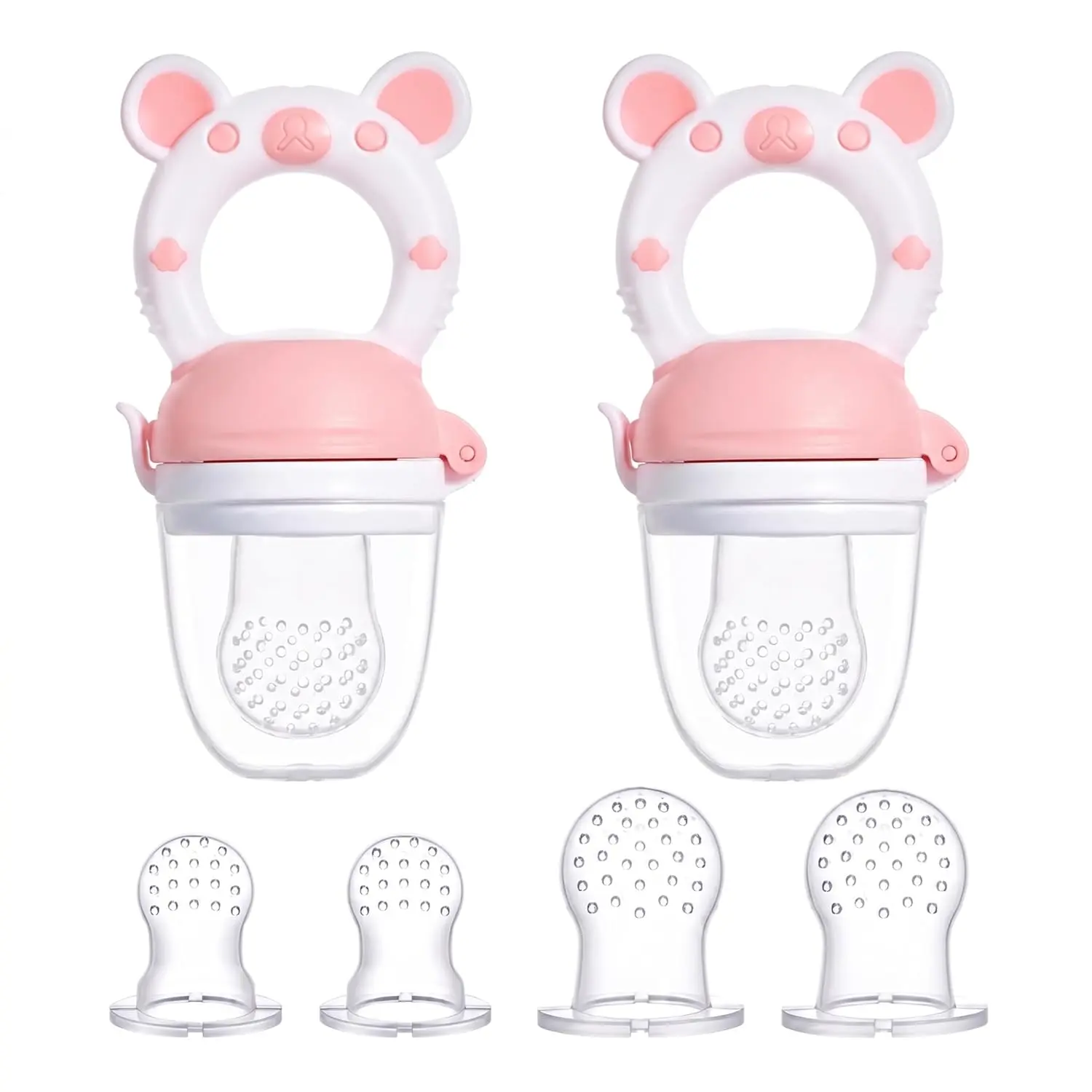 Baby Fruit Food Feeder Pacifier, Silicone Teething Relief Toy, 2-Pack with 6 BPA-Free Pouches, Light Pink, 3-24 Months New model