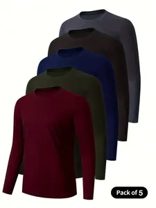 5-Pack Men's Sporty Long Sleeve Shirts, Quick-Dry Fitness Wear, Athletic Workout Shirt, Loose-Fitting Outdoor Apparel, Plain Surface, All Seasons